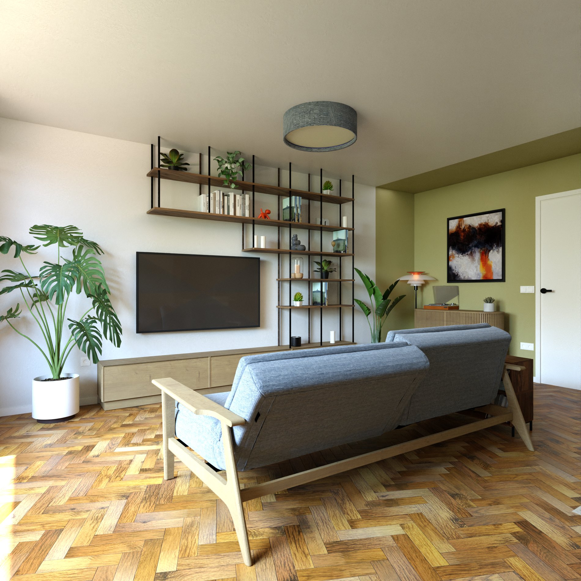 Дневна в Home in Sage с телевизор, отворен стелаж и маслиненозелена стена